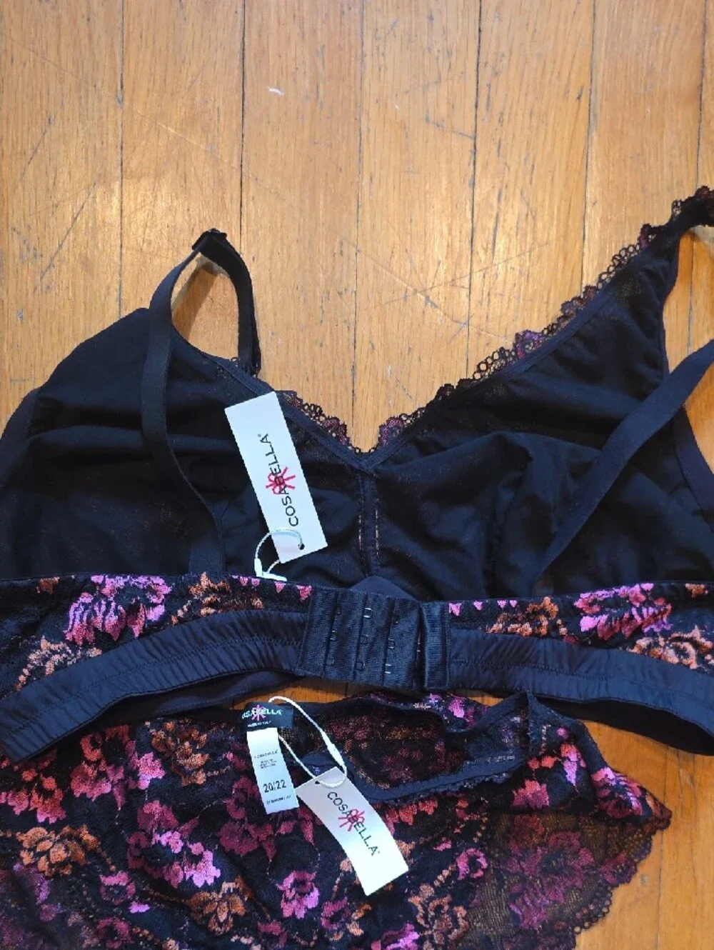 Cosabella Black Lace Bralette & Brief Set with Pink Floral Embroidery
